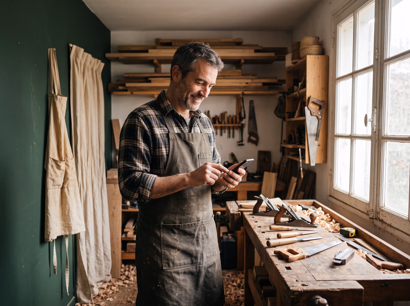 Un artisan menuisier consulte son site sur son téléphone dans son atelier