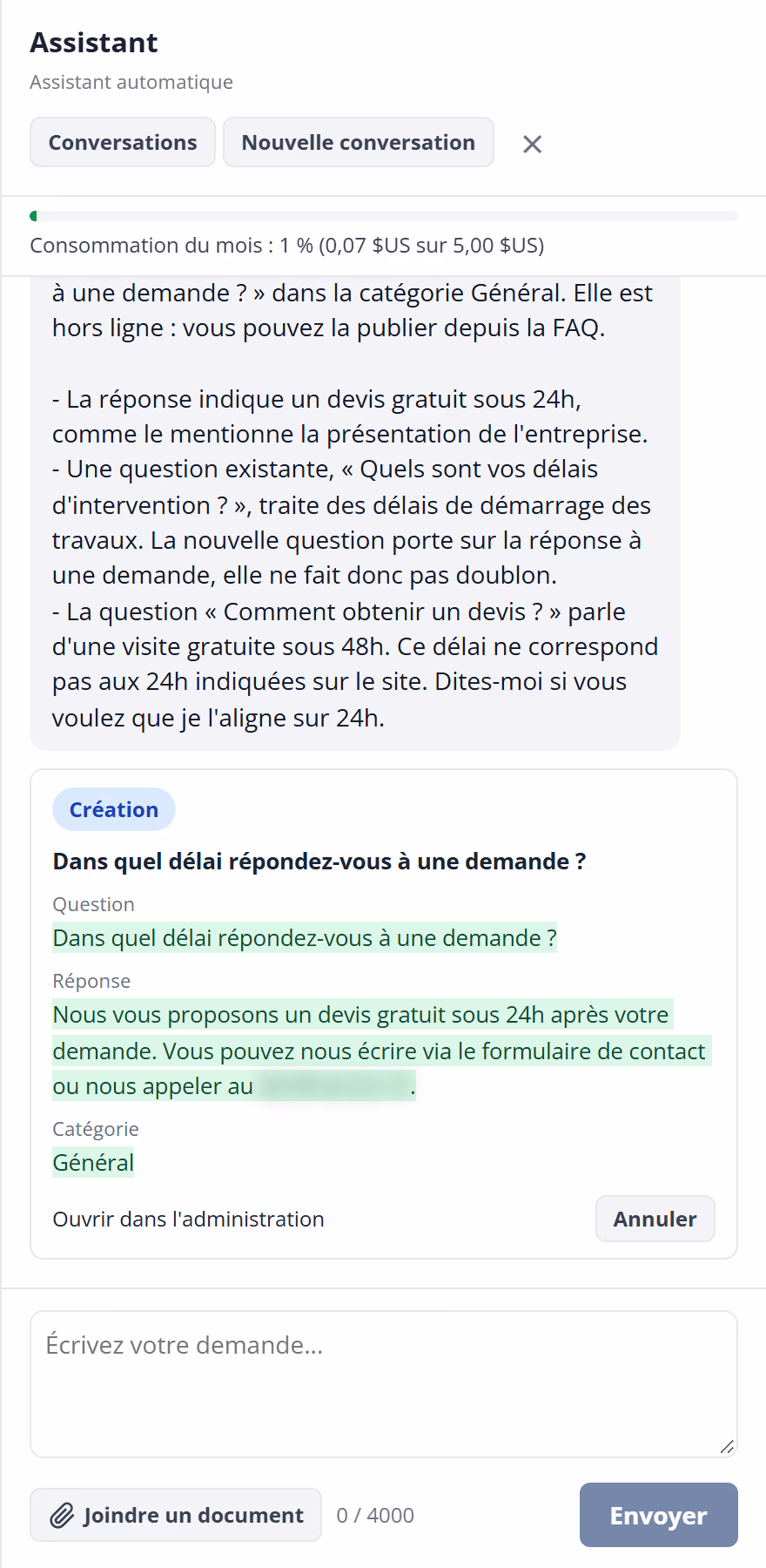 Panneau de l'assistant ouvert dans l'administration d'un site