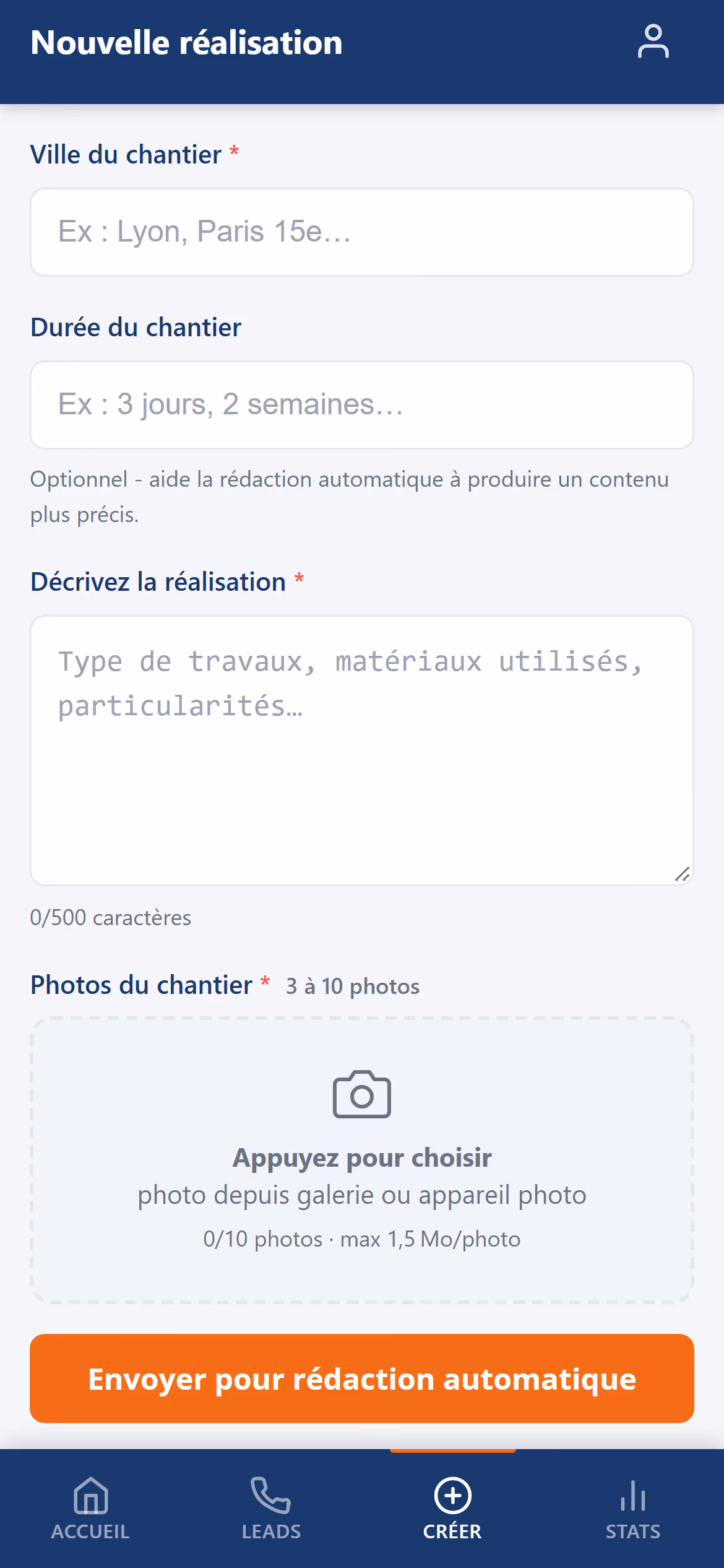 Application Espace pro sur téléphone : formulaire de nouvelle réalisation avec la ville, la durée, une description et les photos