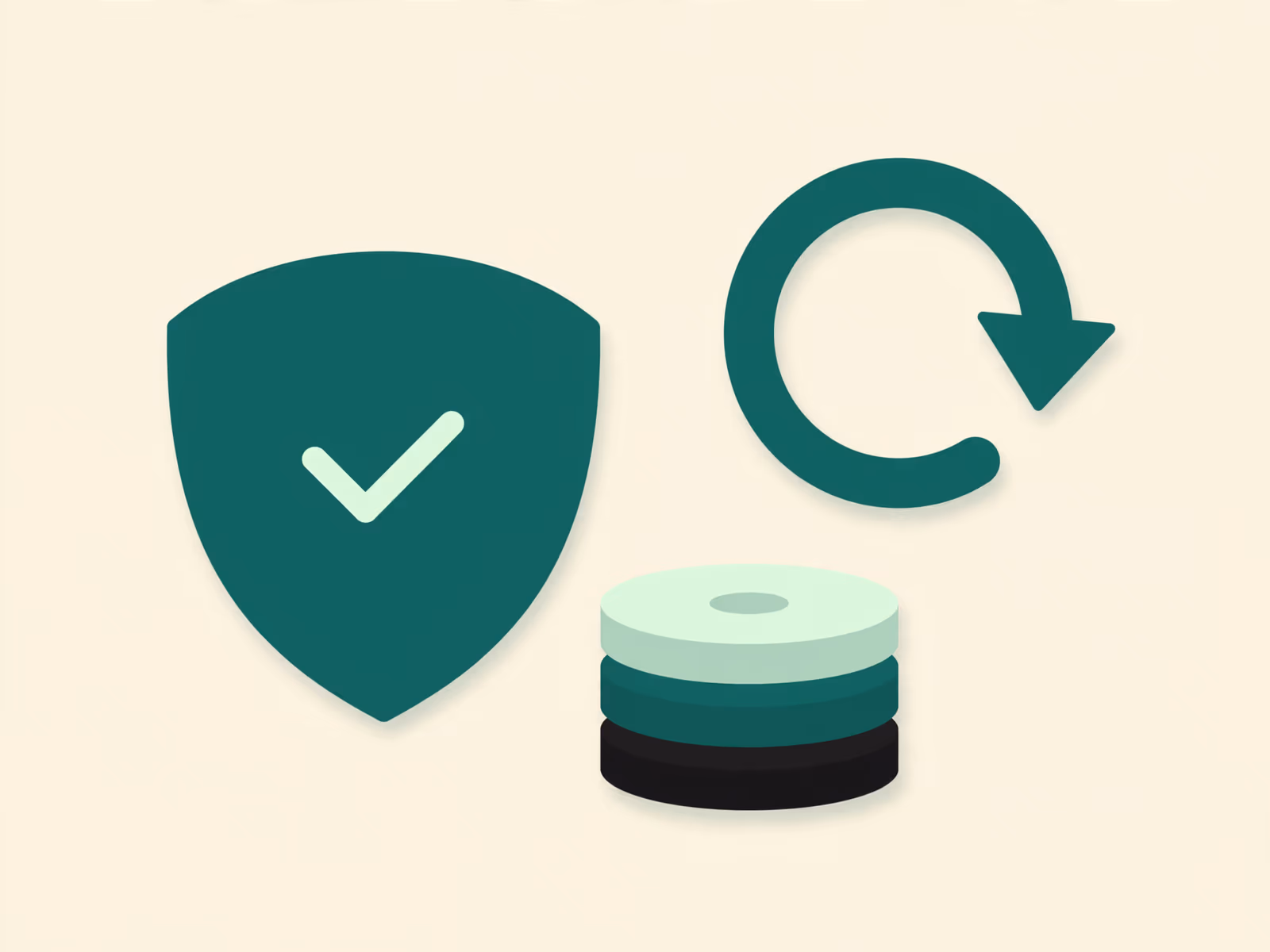Illustration de la maintenance WordPress, avec un bouclier coché, une pile de sauvegardes et une flèche de mise à jour