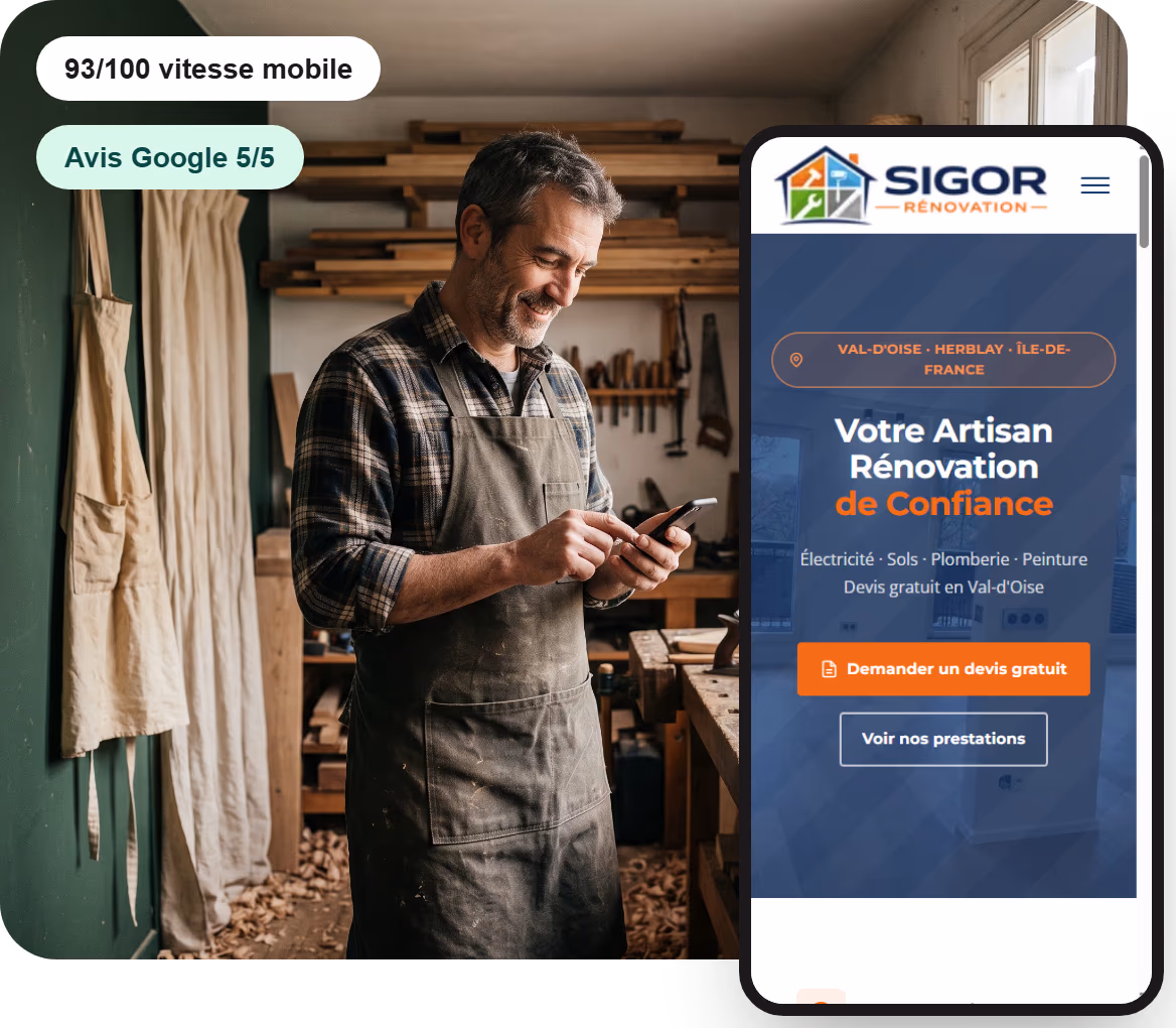 Un artisan menuisier sourit en consultant son téléphone dans son atelier ; à côté, le site de Sigor Rénovation affiché sur un téléphone, avec les pastilles « 93/100 vitesse mobile » et « Avis Google 5/5 »