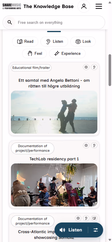 Capture de ShareMusic, une base de ressources artistiques accessible sur téléphone