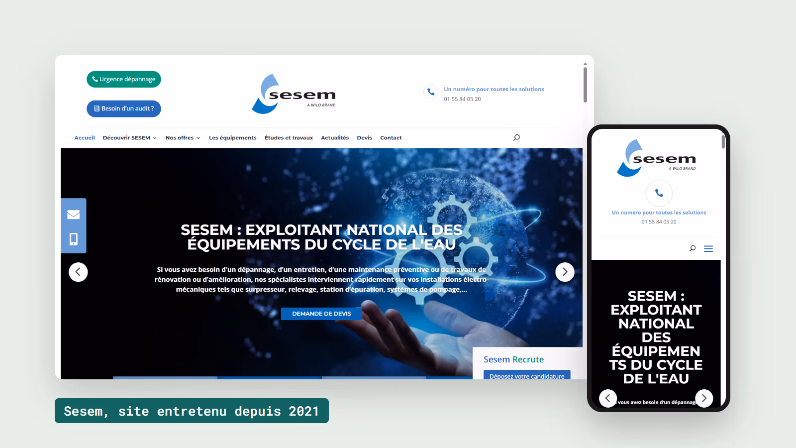 Site de Sesem sur ordinateur et sur téléphone, entretenu par AT Creative depuis 2021