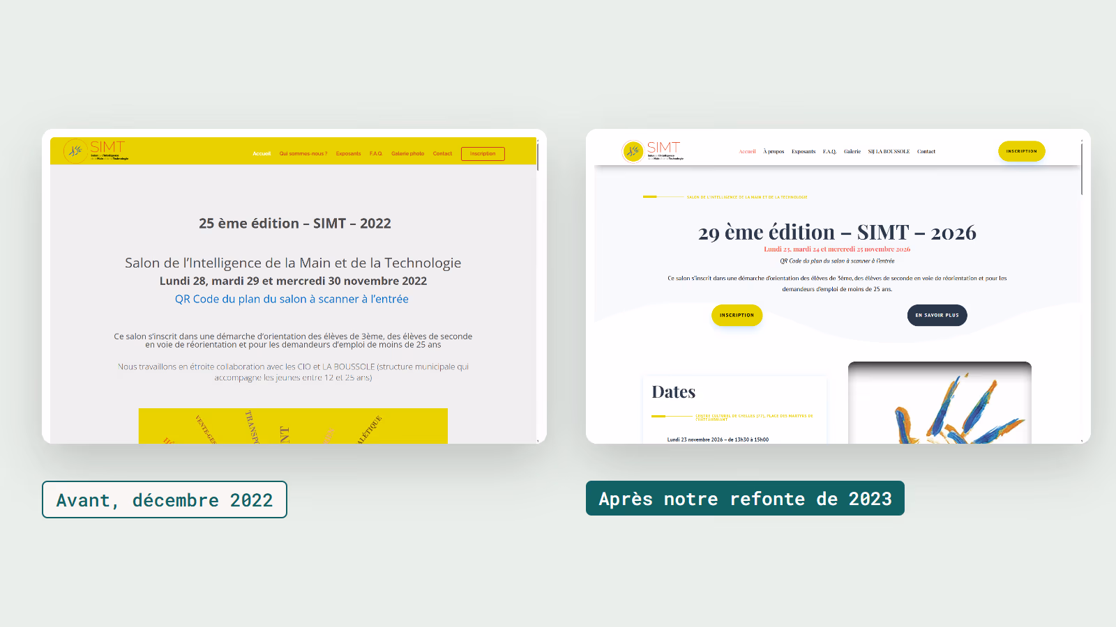 Accueil du site du SIMT, salon de Chelles, en décembre 2022 puis après la refonte faite par AT Creative en 2023